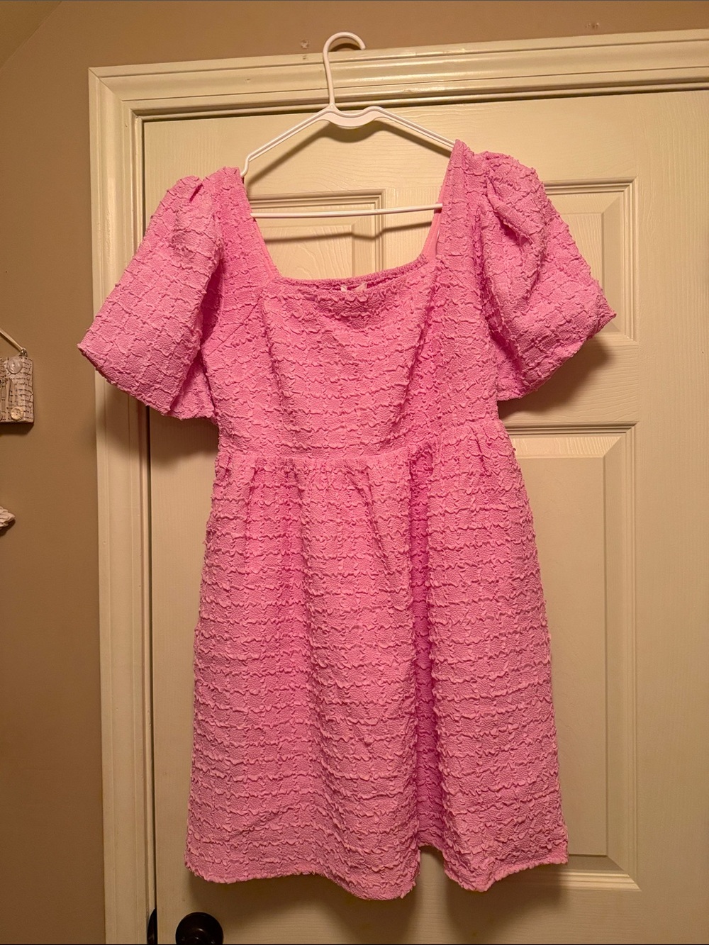 Pink Textured Puff-Sleeve Dress
